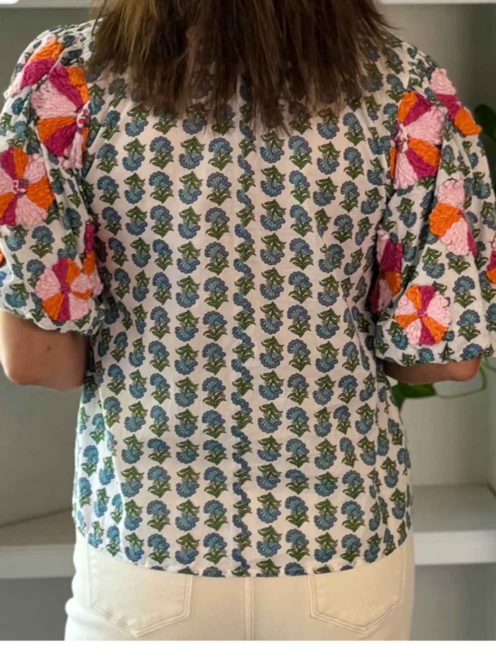 THML floral block print top with textured embroidered puff sleeves - Picture 9 of 9